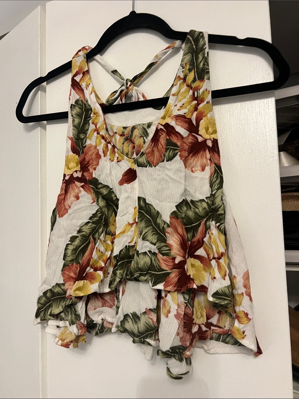Mumu Floral Ruffle Halter Tank Top - White/Green/Pink